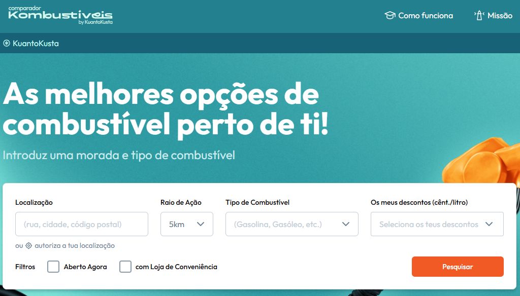 Comparador Kombustíveis do KuantoKusta com pesquisa por localização, combustível e descontos por litro
