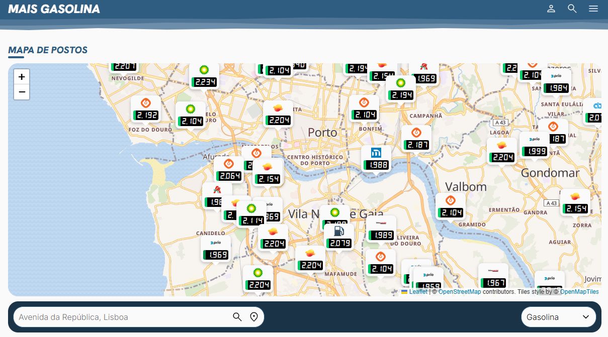 Mapa do Mais Gasolina com postos de combustível e respetivos preços na zona do Porto