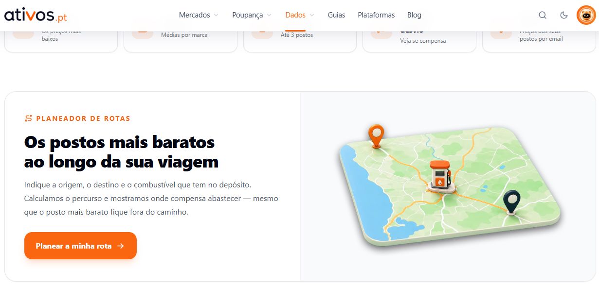 Planeador de rotas do Ativos.pt para encontrar postos de combustível mais baratos ao longo de uma viagem