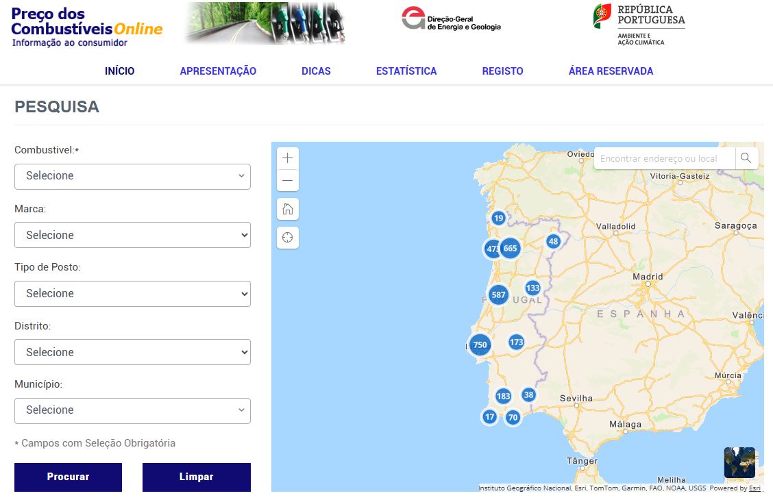Pesquisa de preços de combustíveis no portal da DGEG, com filtros por combustível, marca, distrito e município