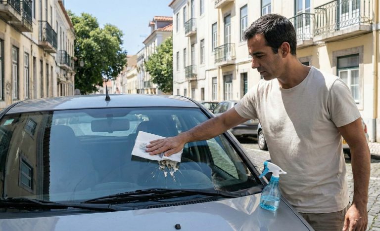 Um homem a aplicar uma compressa de papel molhado sobre sujidade no para-brisas do carro, numa rua soalheira, para amolecer os dejetos de pássaros sem riscar o vidro.