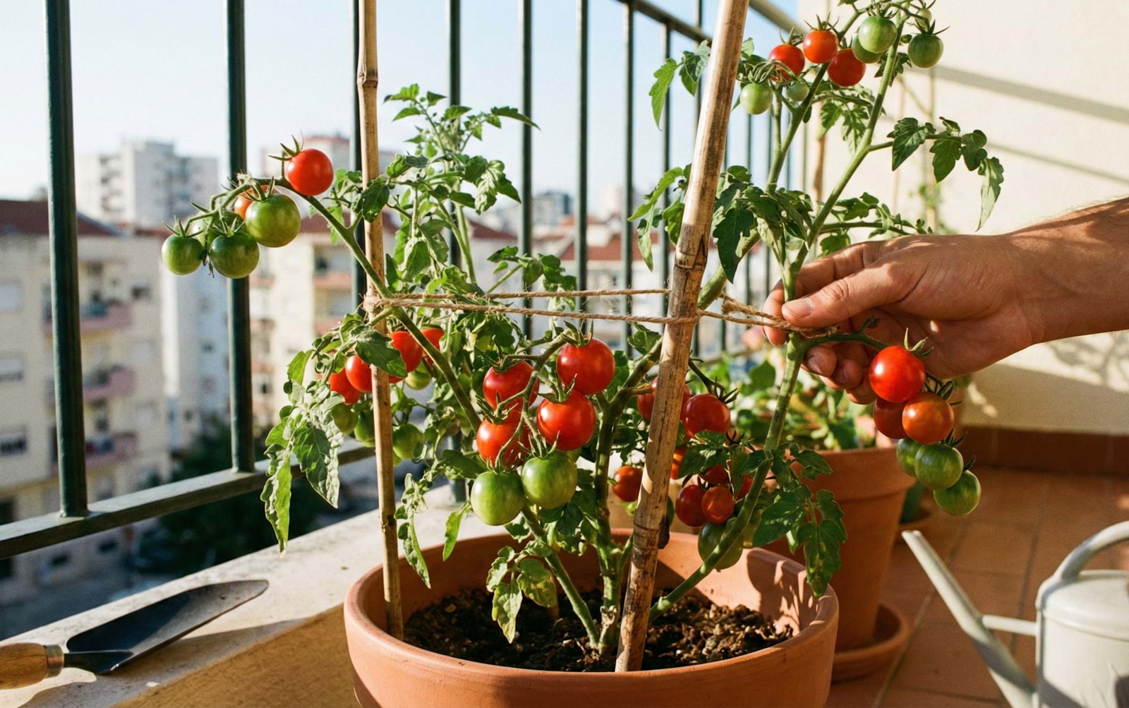 Cultivo de tomate cherry em vaso numa varanda de apartamento, demonstrando como apoiar a planta com canas para maximizar a produção num espaço pequeno.