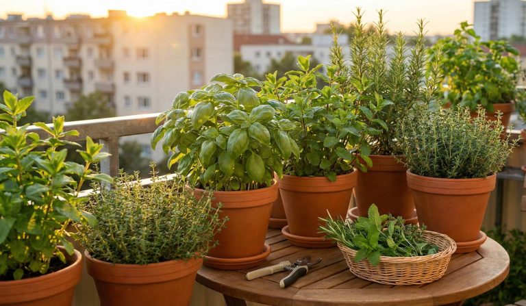 Vasos de barro com ervas aromáticas viçosas (manjericão, hortelã, alecrim) numa varanda de apartamento ao pôr do sol, com tesoura de poda pronta para a colheita, ilustrando uma horta urbana produtiva.