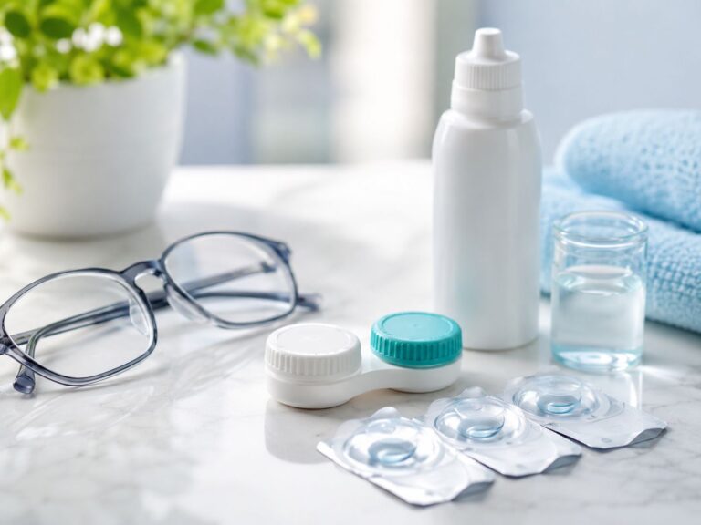 Lentes de contacto, óculos e solução de limpeza