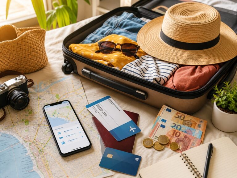 Mala de viagem aberta com roupa de verão, mapa, telemóvel, cartão bancário, bilhetes e euros para planear férias mais económicas.