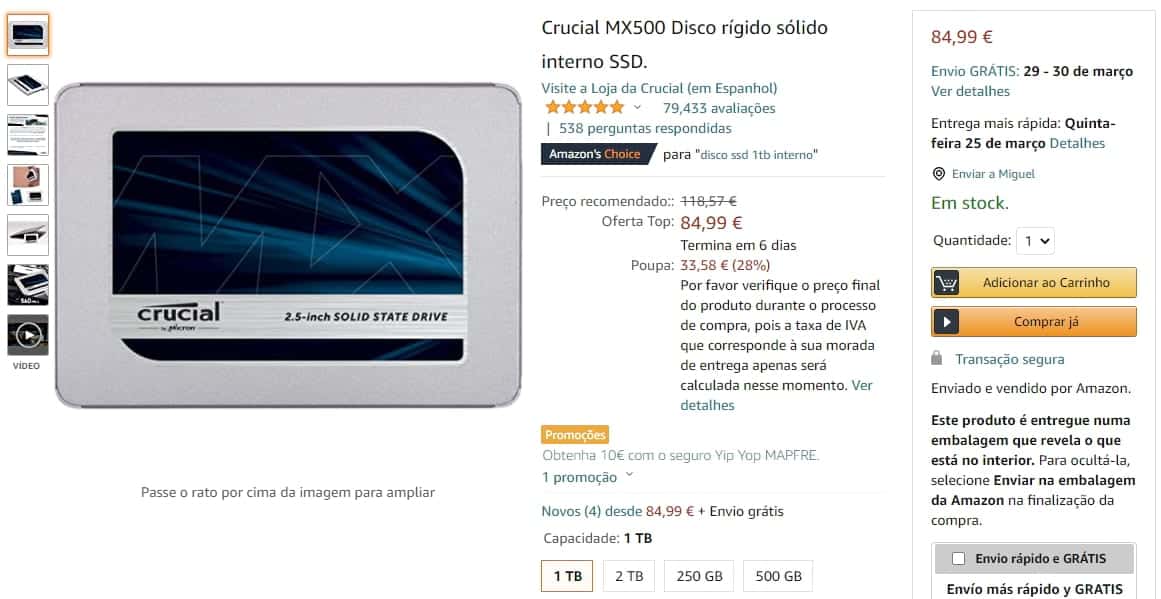 Disco SSD Crucial 1TB à venda na Amazon