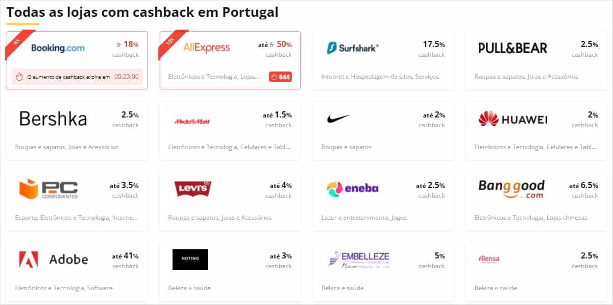Lojas com cashback em Portugal