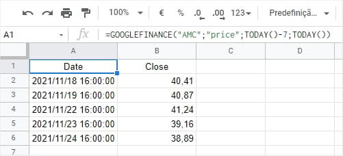 Fórmula dos valores dos últimos 7 dias da AMC