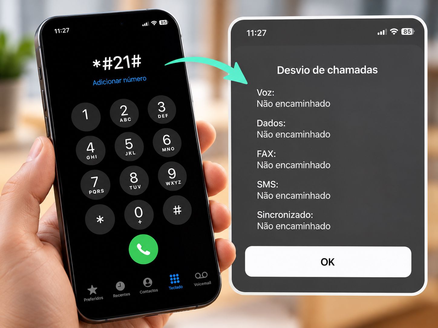 Código *#21# no telemóvel a consultar o estado do reencaminhamento de chamadas