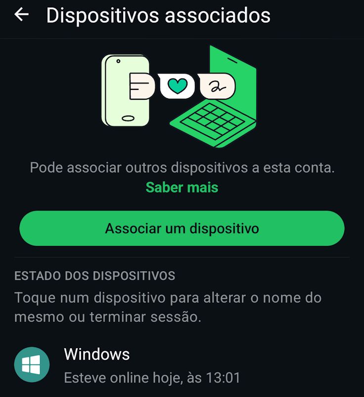 Ecrã de Dispositivos associados do WhatsApp com uma sessão ativa no Windows