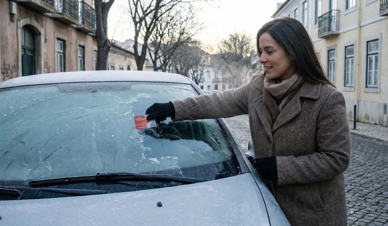 Uma mulher agasalhada a utilizar um cartão de plástico para raspar uma camada espessa de gelo do para-brisas de um carro estacionado numa rua de calçada portuguesa.