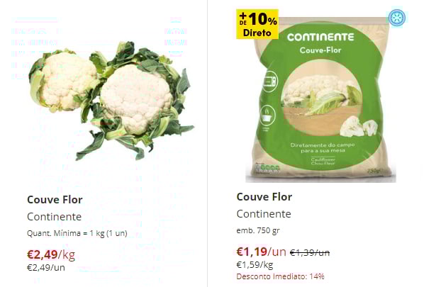 Preço da couve-flor no Continente - Fresca vs Congelada