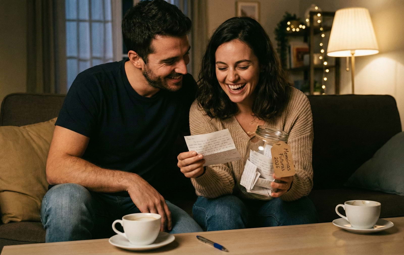 Casal feliz sentado no sofá, a rir enquanto leem uma nota manuscrita tirada de um frasco de vidro. O frasco contém vários papéis dobrados e uma etiqueta rústica onde se lê "Memórias Futuras 2026", ilustrando uma ideia de prenda de Dia dos Namorados original e sem custos.