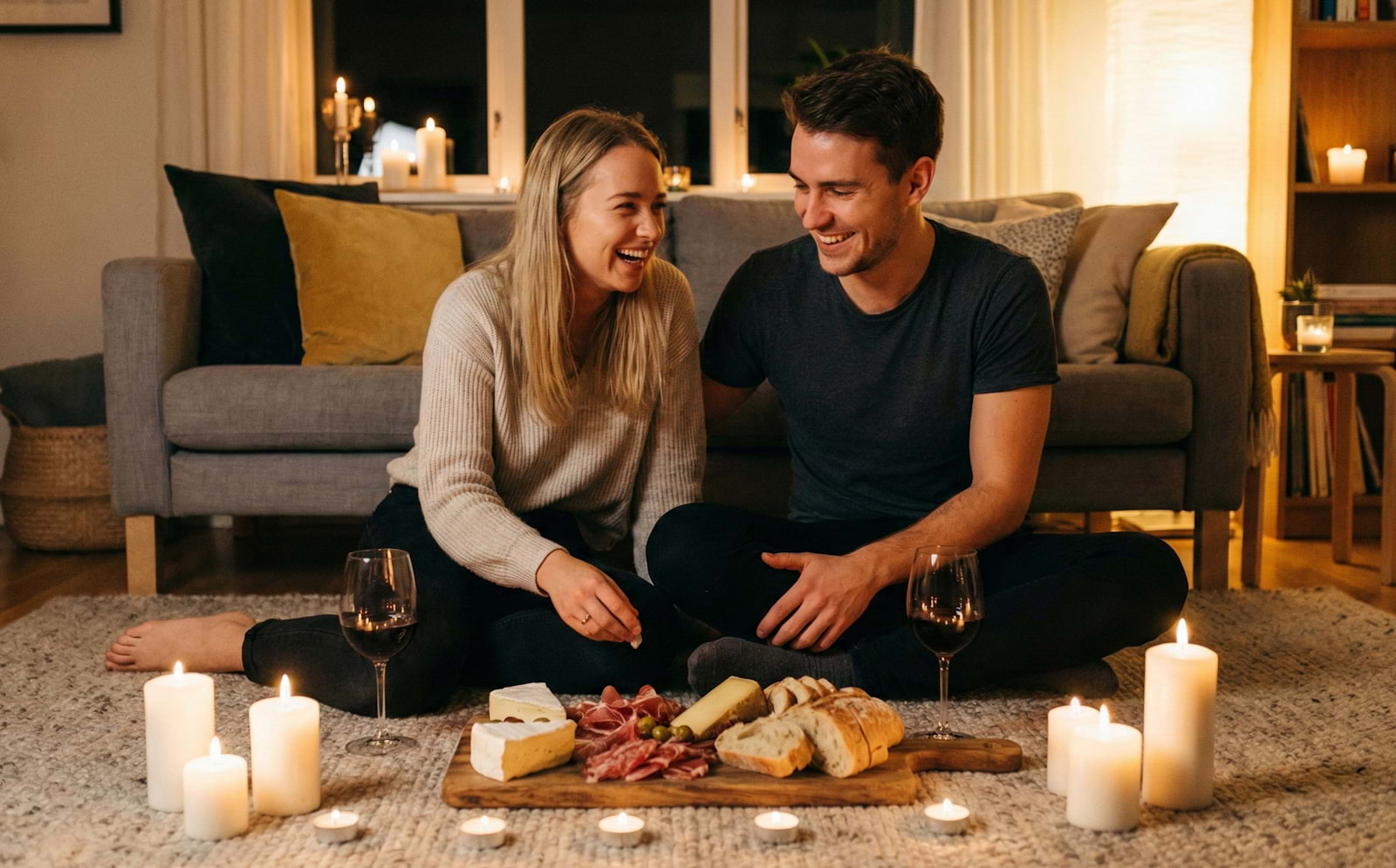 Casal jovem e feliz a rir durante um jantar íntimo no chão da sala de estar. Estão rodeados por muitas velas acesas, copos de vinho tinto e uma tábua de madeira com queijos e enchidos. Ilustração de uma celebração de Dia dos Namorados sem consumismo e low cost em casa.