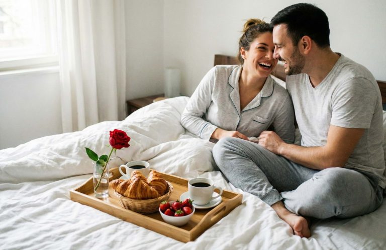 Casal jovem e feliz na cama, a desfrutar de um pequeno-almoço romântico com croissants, café e uma rosa vermelha num tabuleiro de madeira. O quarto está iluminado com luz natural, ilustrando uma surpresa de Dia dos Namorados económica e íntima.