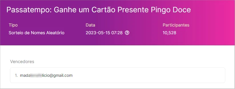 Resultado do terceiro passatempo Cartão Presente Pingo Doce com 10528 participantes