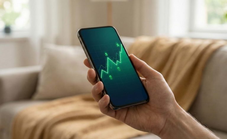 Close-up de uma mão a segurar um smartphone moderno, cujo ecrã exibe um gráfico de linhas verde ascendente com setas indicando crescimento financeiro, num ambiente de sala de estar confortável e desfocado.
