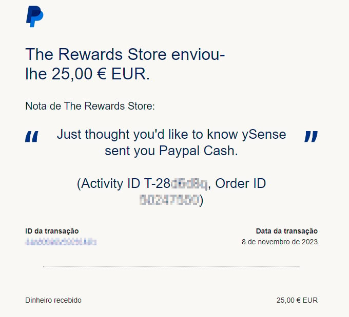 Pagamento recebido do ySense via Paypal
