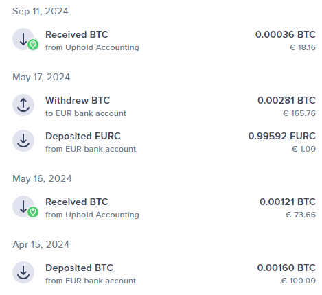 Lista de transações na Uphold