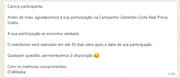 Campanha Castelões Corte Real Prova Grátis - Resposta no Whatsapp