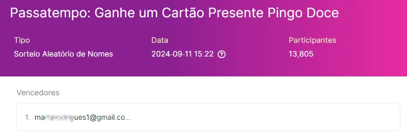 Resultado do quarto passatempo Cartão Presente Pingo Doce com 13805 participantes