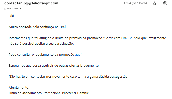 Email a informar que a campanha Oral-B terminou