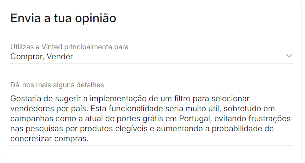 Sugestão para a Vinted implementar o filtro por país