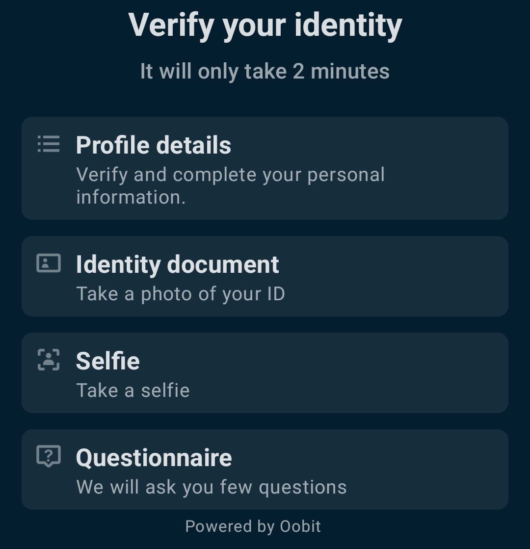 Verificação de identidade na app Oobit