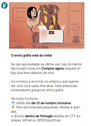 Mensagem a anunciar a campanha de portes grátis na Vinted