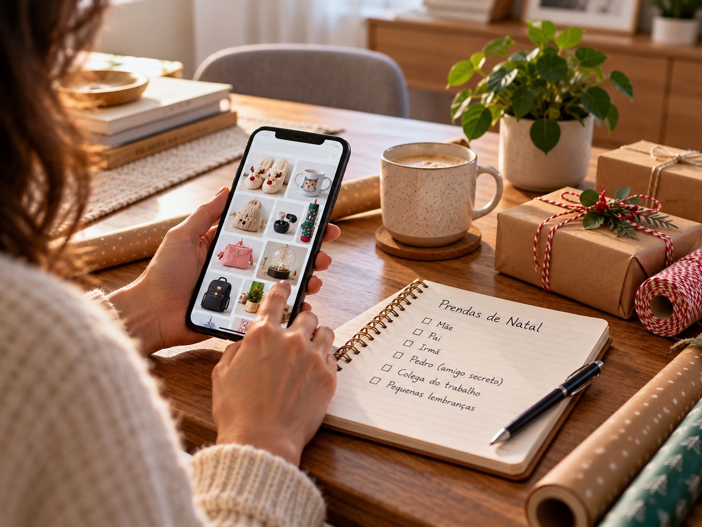 Pessoa a preparar a lista de prendas de Natal com antecedência enquanto pesquisa presentes online