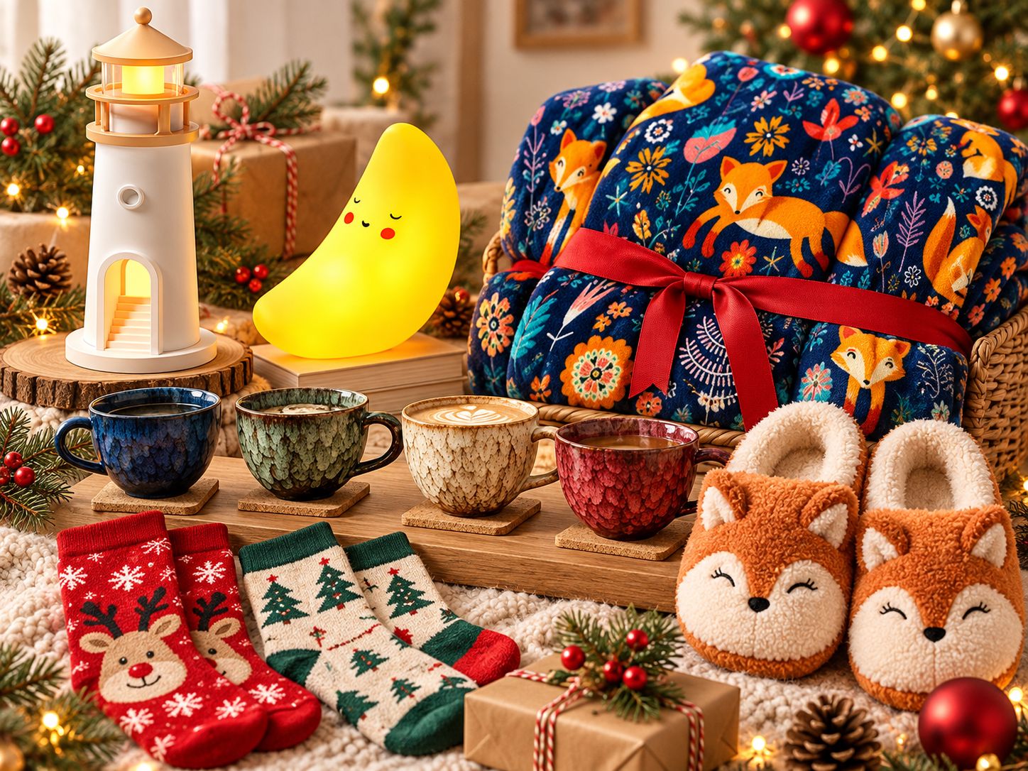 Seleção de prendas de Natal baratas e engraçadas inspiradas na Temu, com meias festivas, pantufas, manta, canecas e pequenos acessórios decorativos