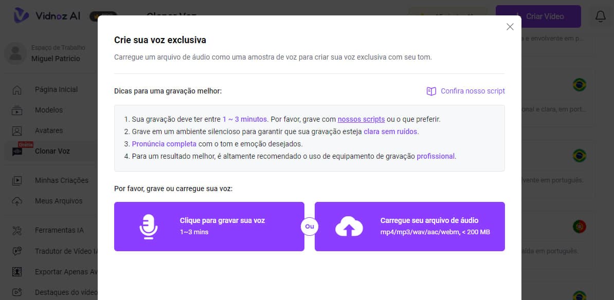 Clonar voz com o Vidnoz