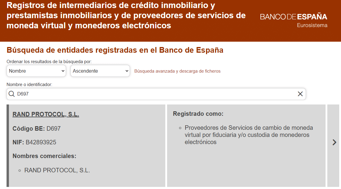 Rand - Registo no Banco de Espanha