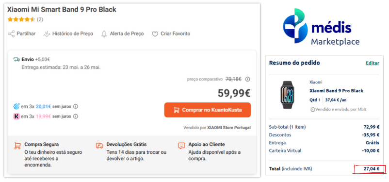 Exemplo de uma compra no Marketplace da Médis aplicando descontos