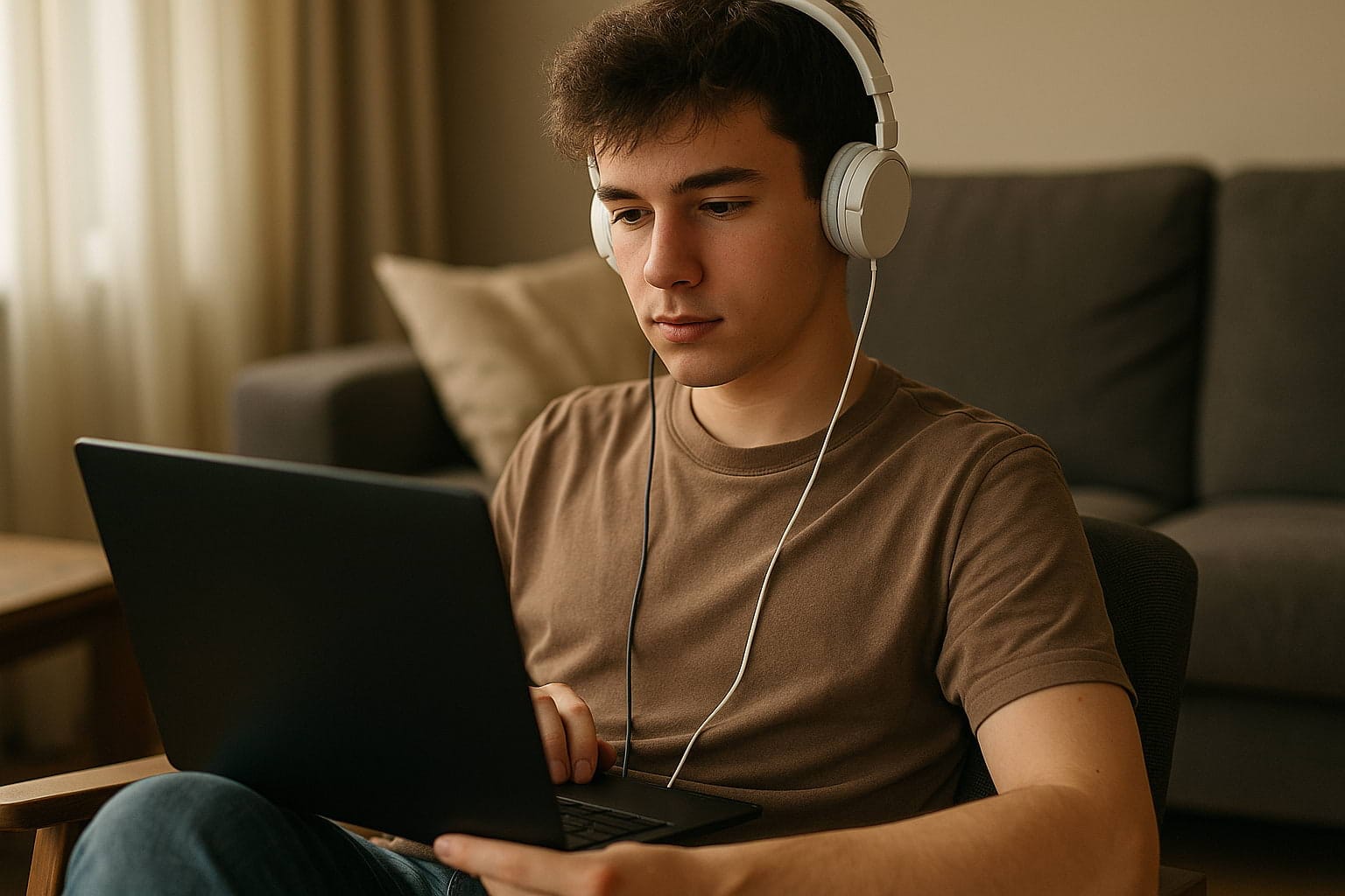 Jovem a ler jornal digital num portátil