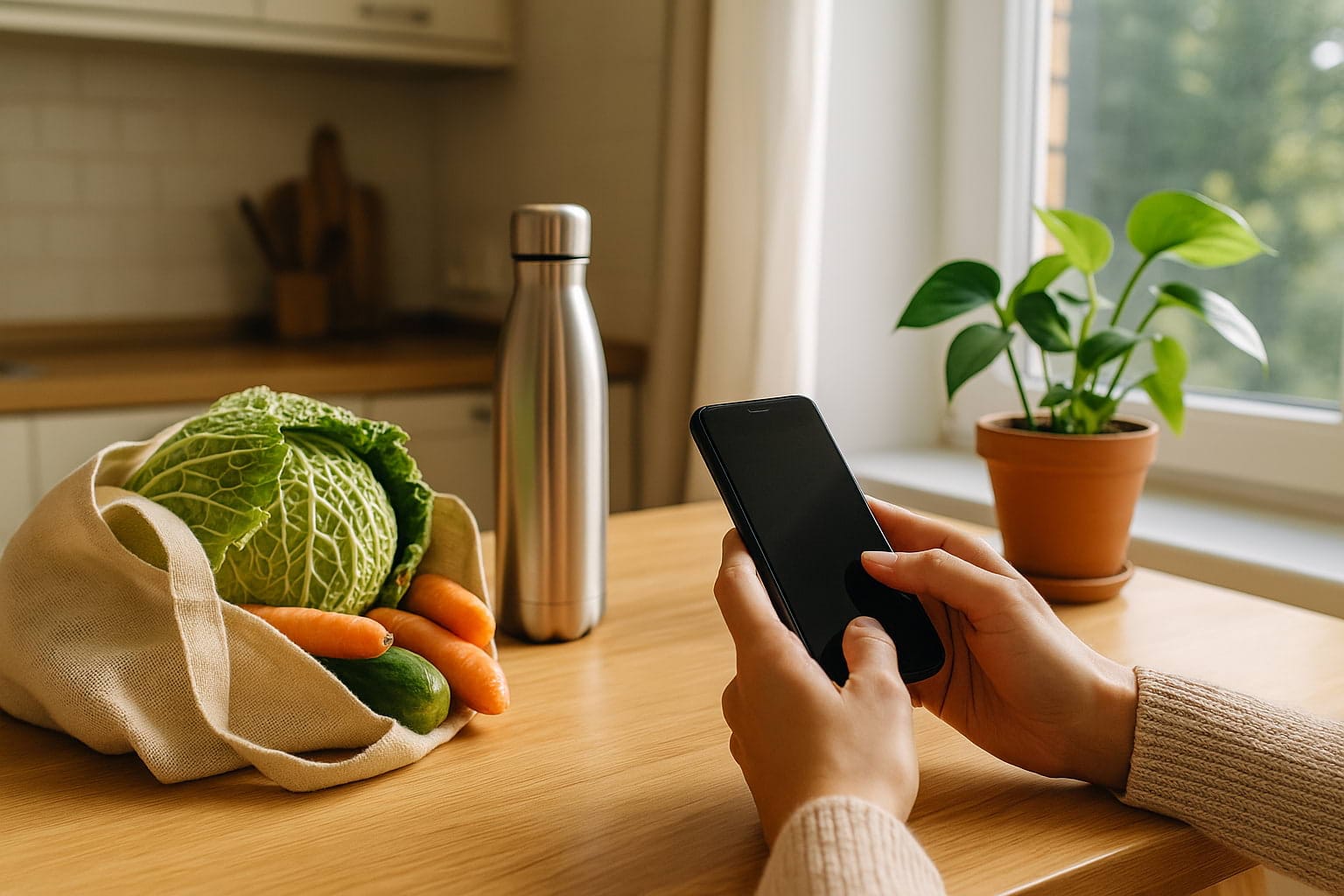 Pessoa a usar smartphone junto a itens sustentáveis numa cozinha iluminada