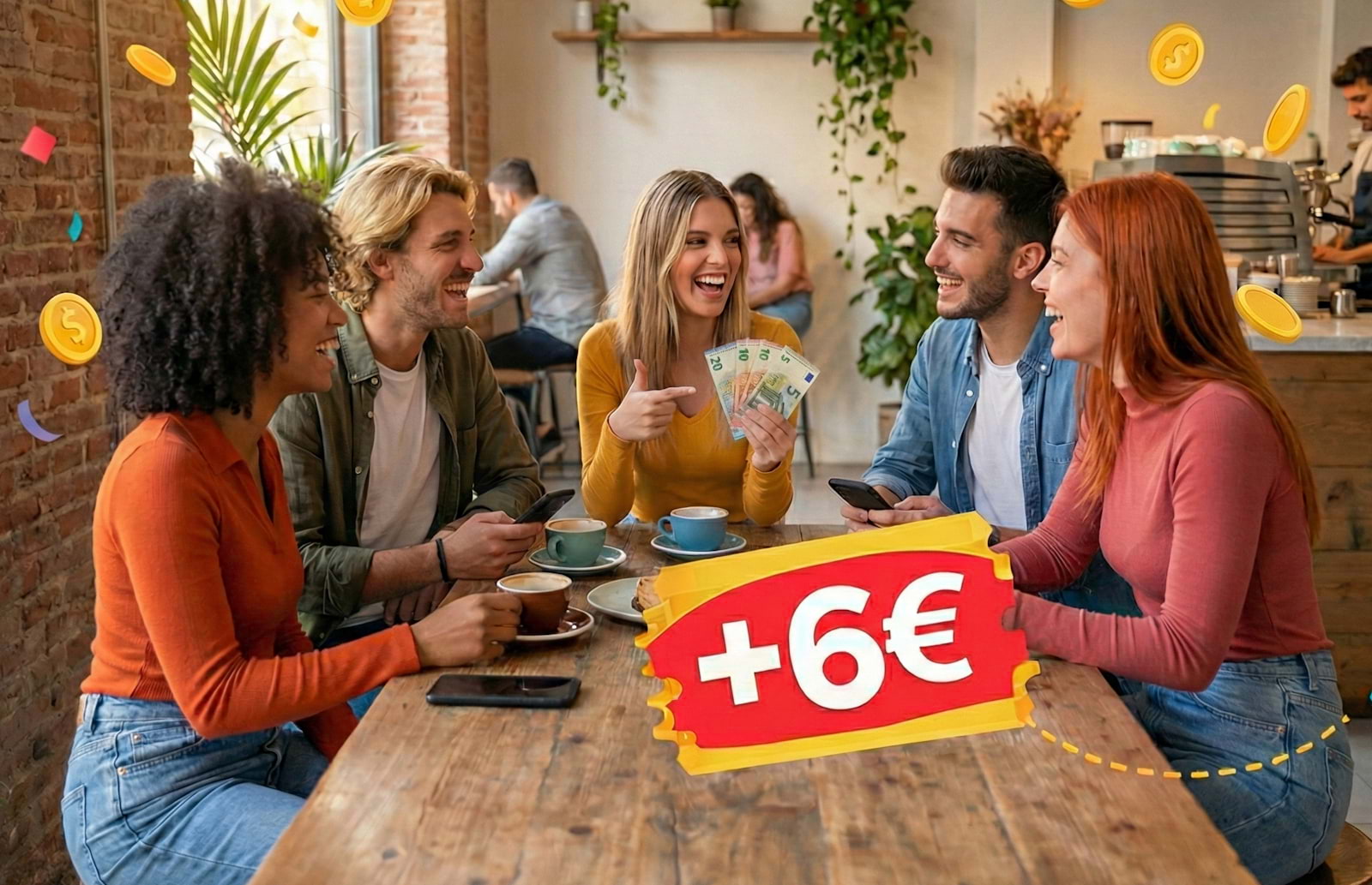 Grupo de cinco jovens amigos sentados à mesa de um café, a rir e a conversar. A jovem do centro sorri enquanto segura algumas notas de euro. Em cima da mesa de madeira estão telemóveis e chávenas de café. Em grande plano destaca-se uma etiqueta vermelha e amarela com o texto "+6€". O ambiente é de celebração, com moedas douradas e confetes coloridos a flutuar em redor.