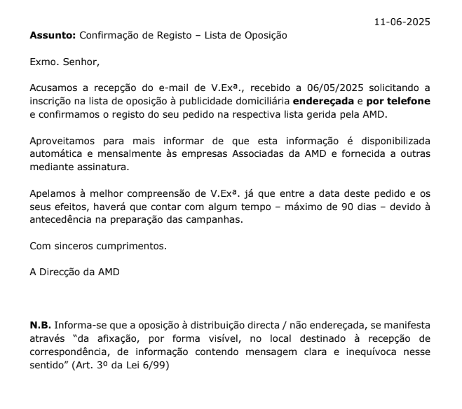 Confirmação de Registo - Lista de Oposição