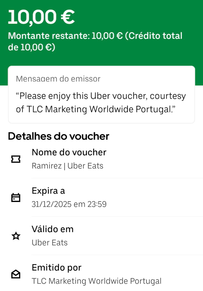 Voucher Uber Eats oferecido pela Ramirez