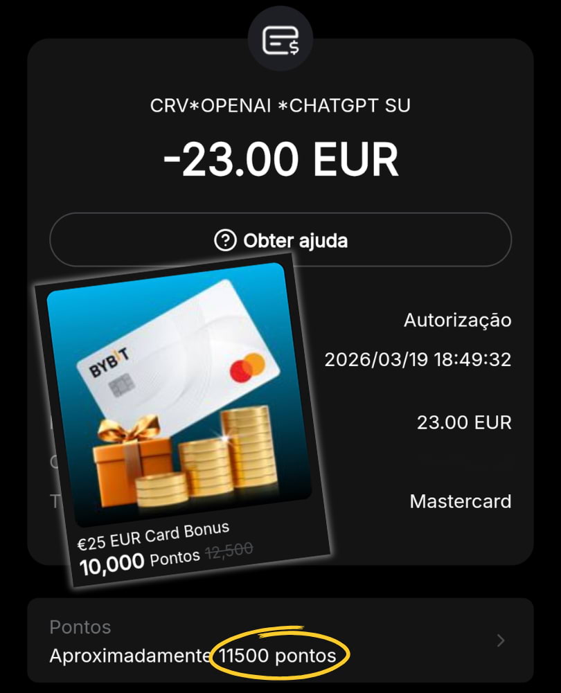 Pagamento da subscrição do ChatGPT Plus com cartão Bybit e atribuição de pontos