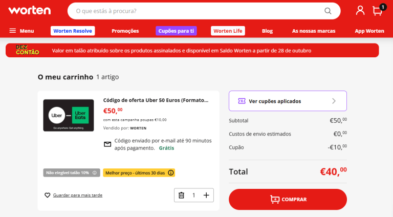 Compra de cartão Uber com código de desconto da Worten