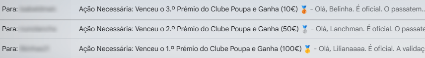 Clube Poupa e Ganha - Emails enviados aos vencedores