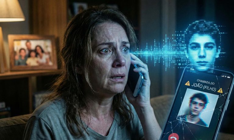 Mulher assustada com telefonema do "filho" (Voz clonada por IA)