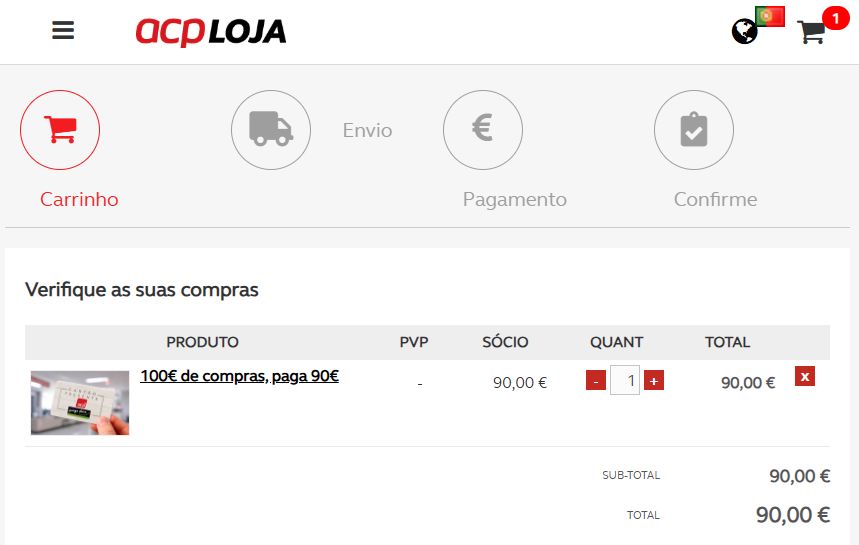 Carrinho da Loja ACP com cartão presente Pingo Doce de 100€ disponível por 90€ para sócios