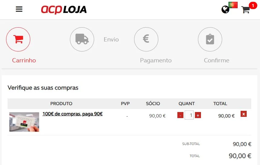 Carrinho da Loja ACP com cartão presente Pingo Doce de 100€ disponível por 90€ para sócios