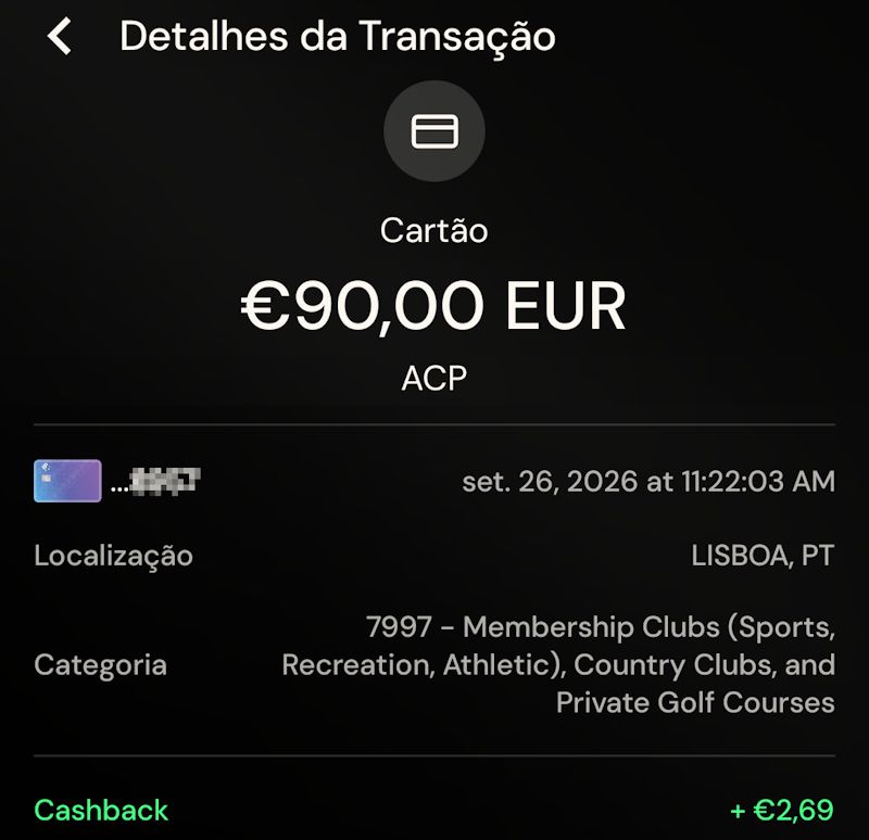 Transação de 90€ no ACP paga com o cartão ether.fi Cash, com 2,69€ de cashback recebido