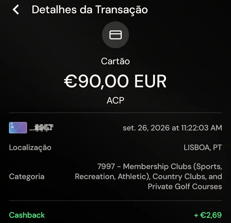 Transação de 90€ no ACP paga com o cartão ether.fi Cash, com 2,69€ de cashback recebido
