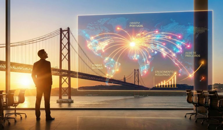 Empresário motivado a visualizar o crescimento de vendas globais e rede de parceiros a partir de Portugal, num ambiente tecnológico e otimista ao nascer do sol.