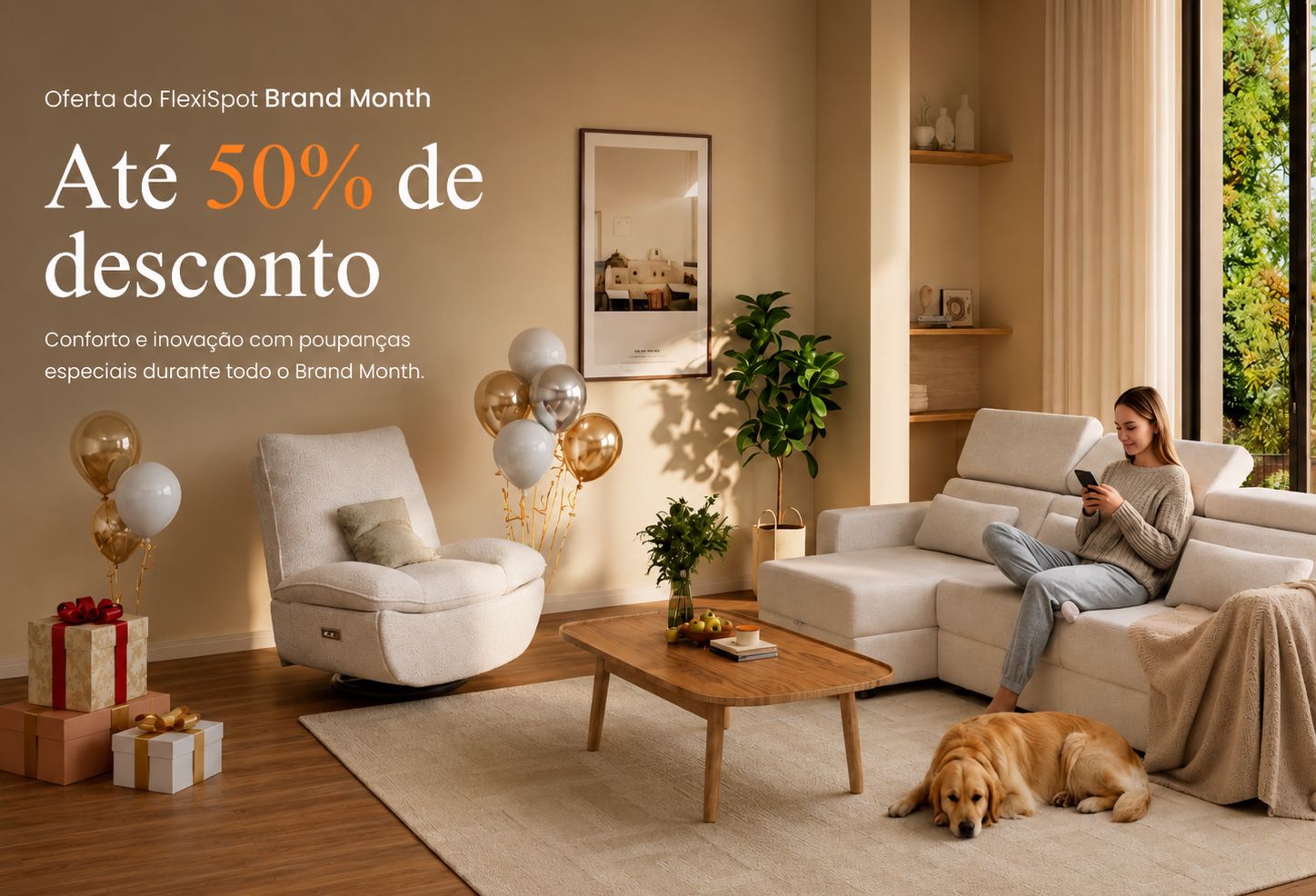 Sala moderna com sofá, poltrona, secretária e destaque para a campanha FlexiSpot Brand Month com até 50% de desconto.