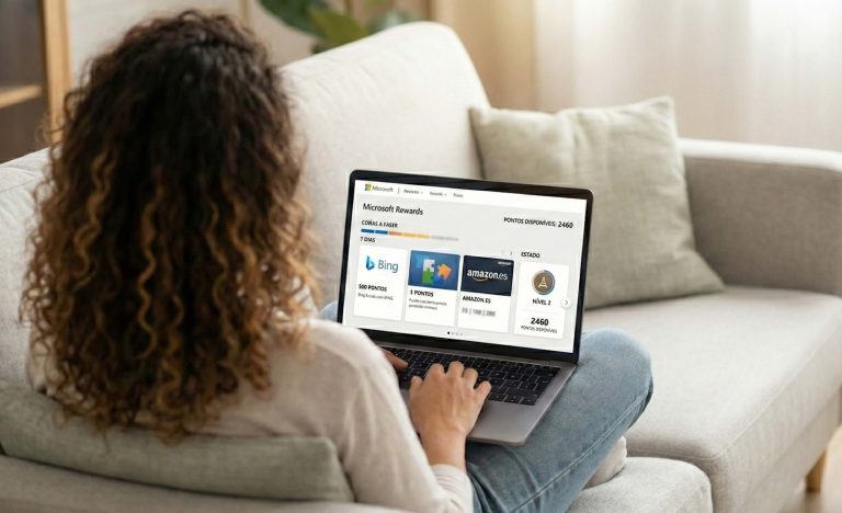 Mulher sentada no sofá a usar um portátil que mostra o painel do Microsoft Rewards, com 2460 pontos acumulados, estatuto Nível 2 e a opção de resgatar cartões presente da Amazon.